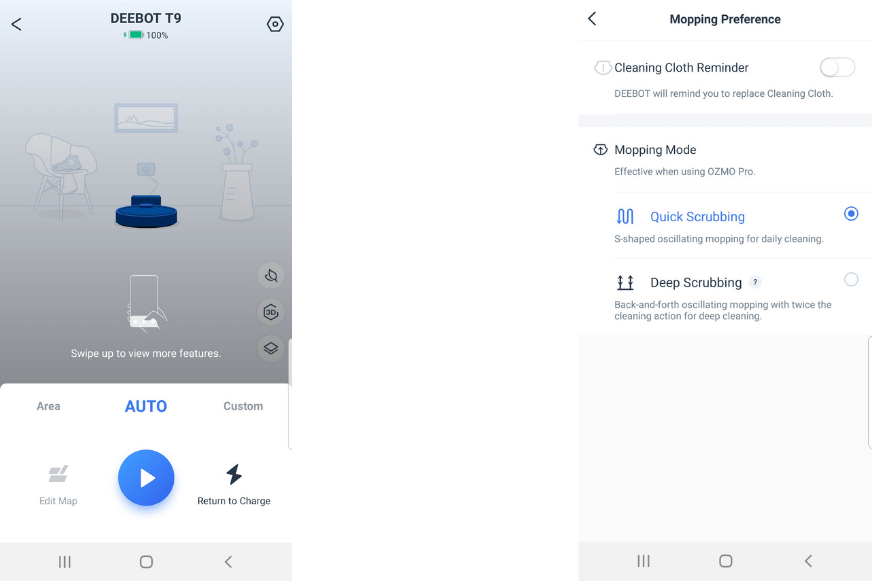 Tiefenschrubben Modus wird in der App des Ecovacs Deebot T9 ausgewählt